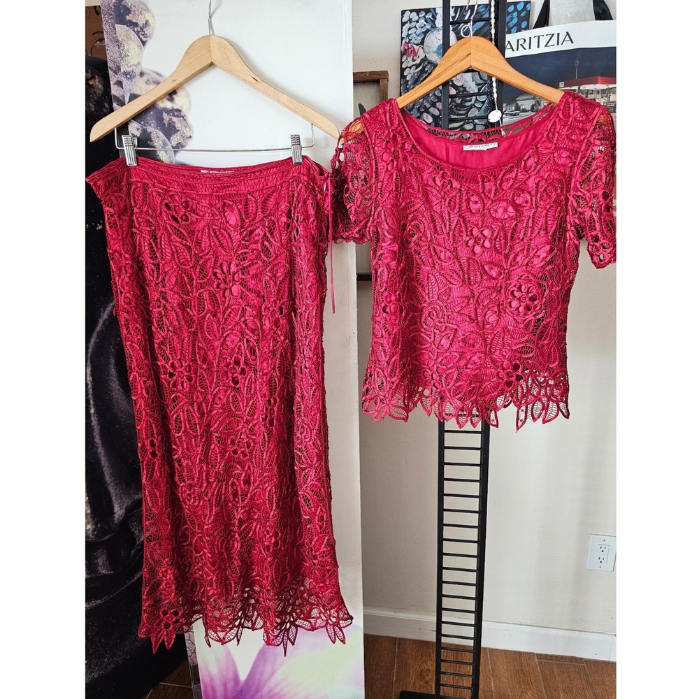 90s Vintage Silken Poetry Red Silk Beaded Soutache Lace Top Maxi Skirt Set‎ Sz L